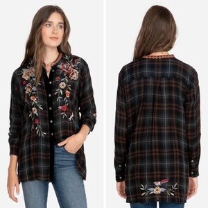 Johnny Was Workshop Floral Embroidered Plaid Button-Up Shirt (XL)